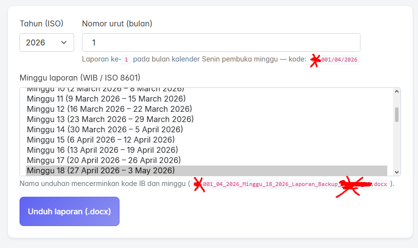 Form generator laporan backup: tahun, nomor urut, minggu ISO, nama unduhan, tombol DOCX